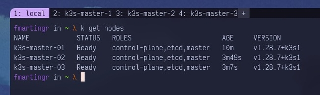 Output of kubectl get nodes showing three ready nodes