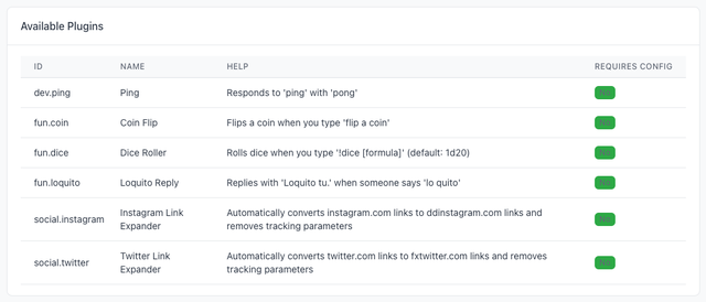 Plugin list in the web interface
